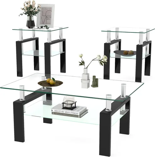 IANIYA Juego de mesa de 3 piezas para sala de estar, moderno juego de mesa auxiliar de vidrio templado, mesa auxiliar de vidrio con marco de metal