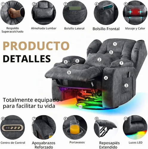 Vista 4 de DRMBOOK Sillas reclinables giratorias de doble motor con masaje y calor Gris