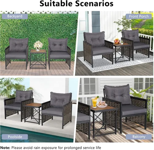 Vista 6 de Tangkula Juego de sillas de ratán de 3 piezas, sillas de mimbre para patio y mesa auxiliar, marco de metal resistente y mesa de madera de acacia