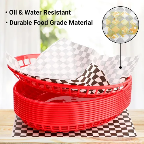 Vista 5 de EUSOAR Cestas de plástico para alimentos con forros de papel, 12 cestas rojas extragrandes de 11.8 x 8.9 pulgadas para servir alimentos y 10 x 11