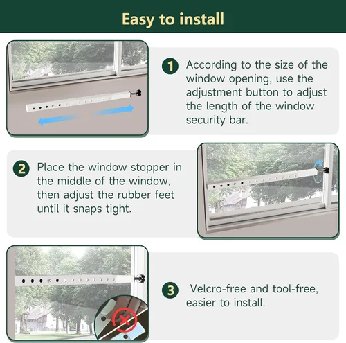 Vista 7 de WooFog Barras verticales de seguridad ajustables para ventana, barra de bloqueo de puerta de vidrio deslizante resistente con patas de goma, tapón