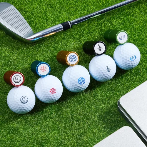 Vista 3 de BYFDIY Kit de sellos personalizados para pelotas de golf con caja de hierro, 55 diseños, 3 colores de tinta, accesorios de golf personalizados, set