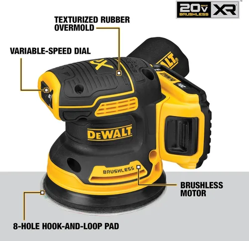 Vista 6 de DEWALT Lijadora orbital inalámbrica 20V MAX, herramienta de lijado de 5 pulgadas, 2.0Ah, 8,000-12,000 OPM, dial de velocidad variable, bolsa