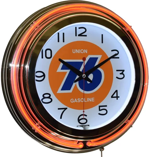 Union 76 Gasolina Naranja Doble Neon Publicidad Reloj Hombre Cueva Garaje Decoración