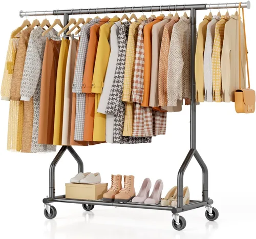 Vista 10 de EAGMAK Perchero de ropa resistente con capacidad de carga de 556 LBS, perchero rodante con estantes, colgador de ropa ajustable en altura