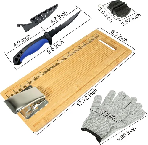 Vista 4 de EXJIOTA Tabla de limpieza de pescado, tabla de filete de pescado con abrazadera, cuchillo de filete y guantes, tabla de medición de pesca portátil