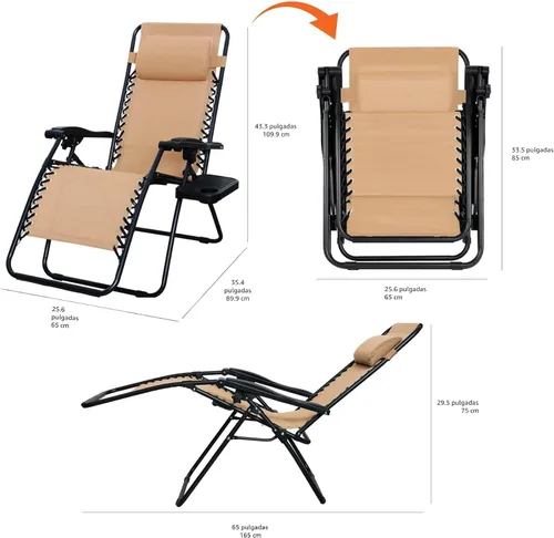Vista 3 de Amazon Basics Juego de sillas reclinables plegables de Textilene para exteriores con soporte para tazas, mesa auxiliar, reposacabezas, resistente a