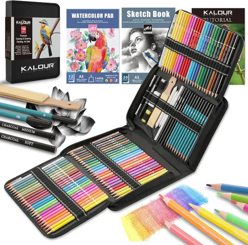 Vista 11 de KALOUR Juego de 76 lápices para dibujo y boceto - Suministros de arte profesional con cuaderno de bocetos y papel para acuarela - Incluye tutorial