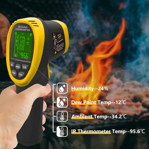 Vista 5 de Pirómetro, termómetro láser industrial, termómetro infrarrojo de alta temperatura de 58 ℉ ~ 1472 ℉, termómetro sin contacto con humedad, temperatura