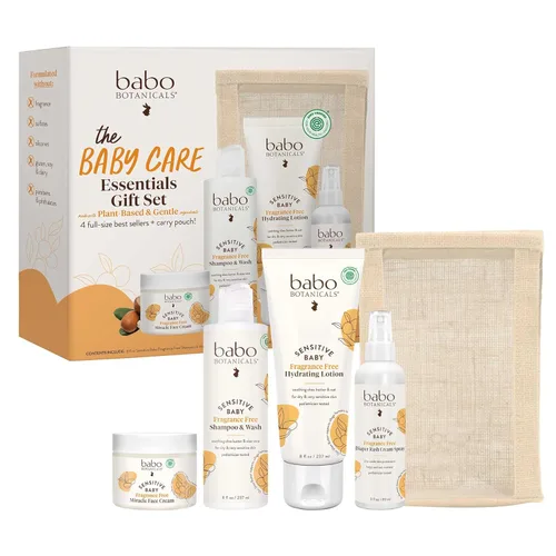 Babo Botanicals Baby Care Essentials Set de regalo – Cuidado de la piel, baño y pañal – Para piel delicada, sin fragancia con manteca de karité,