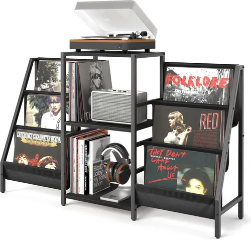 Vista 13 de Soporte para Reproductor de Discos, Soporte para Tocadiscos con Almacenamiento para 300 Discos de Vinilo, Mesa para Reproductor de Discos