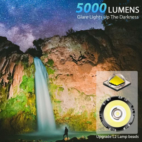 Vista 2 de Garberiel Linterna LED de alta potencia de 5000 lúmenes, súper brillante, potente y recargable por USB, 5 modos, linterna impermeable con función