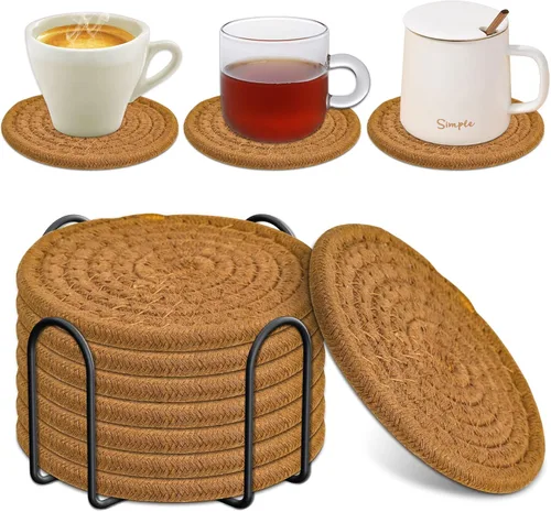 Vista 8 de Mckanti Paquete de 8 posavasos con soporte, posavasos absorbentes para mesa de café, juego de posavasos de algodón minimalista tejido