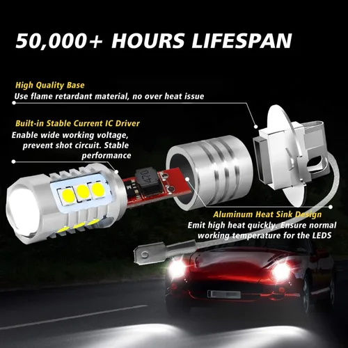 Vista 5 de Bombillas LED antiniebla H3 de 6000 K, xenón blanco, extremadamente brillantes, 3030 chips H3, bombillas LED con proyector para luces antiniebla
