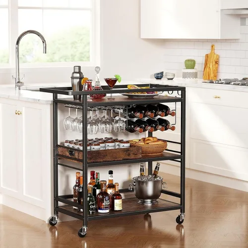 Vista 2 de Leteuke Carrito de Bar para el Hogar, Carro de Servicio con Ruedas de 3 Niveles en Negro, Carro de Bebidas, Soporte de Licores con Bandeja