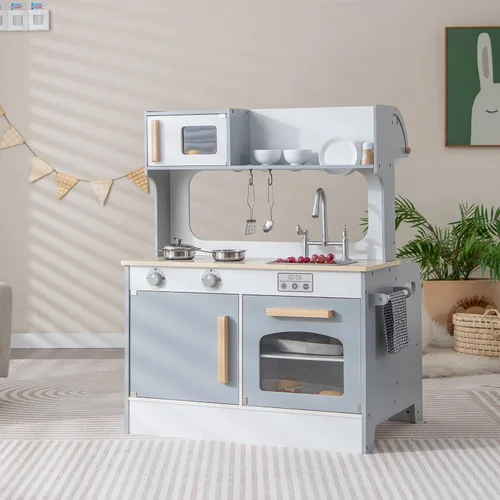 Vista 7 de GLACER Cocina de juego 2 en 1, juguetes de juego de simulación de doble cara, juegos de cocina y mesa auxiliar con accesorios de cocina, microondas