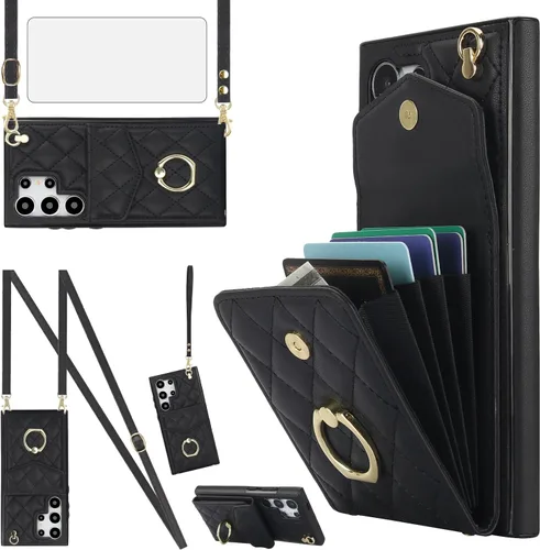Asuwish Funda de teléfono para Samsung Galaxy S25 Ultra 5G Funda tipo cartera con protector de pantalla de vidrio templado y correa para la muñeca