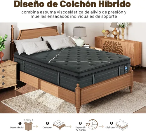 Vista 2 de Colchón Híbrido Extra Firme, Soporte de Pared con Espuma, Aislamiento de Movimiento, Alivio de Presión (King)