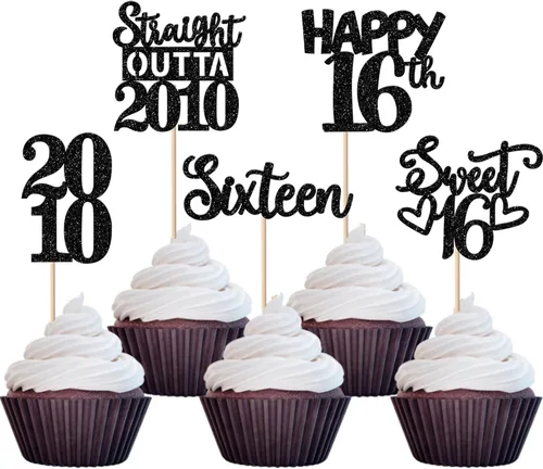 Vista 10 de 30 piezas de decoraciones para pastel de cumpleaños número 10, decoraciones de cupcakes negras con brillo, 10 feliz cumple, directo desde 2016, 10