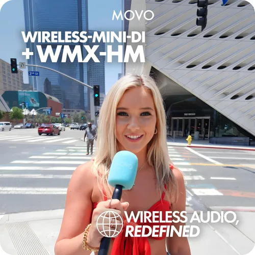 Vista 2 de Movo Micrófono inalámbrico Mini DI Ultra Compact Wireless Lavalier para iPhone con adaptador de mano WMX-HM - Micrófono de solapa con soporte
