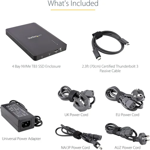 Vista 7 de StarTech.com Carcasa Thunderbolt 3 NVMe de 4 bahías, para unidades SSD M.2 NVMe, 1 puerto DisplayPort de vídeo/2 puertos descendentes TB3, 40 Gbps