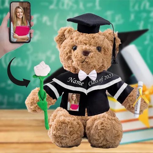 Oso de graduación con rosa + lazo, regalos de graduación personalizados, oso de peluche con foto + texto personalizado como regalo único para ella