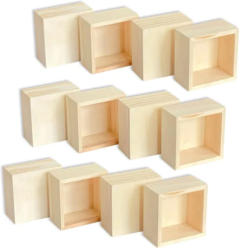 Vista 3 de Paquete de 12 cajas cuadradas de madera de 4.7 pulgadas, pequeñas cajas de madera sin terminar para manualidades