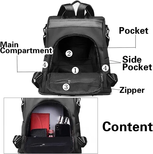 Vista 5 de Mochila monedero para mujer, mochila impermeable, bolso antirrobo, bolsa de viaje, Negro (Paint Black), L