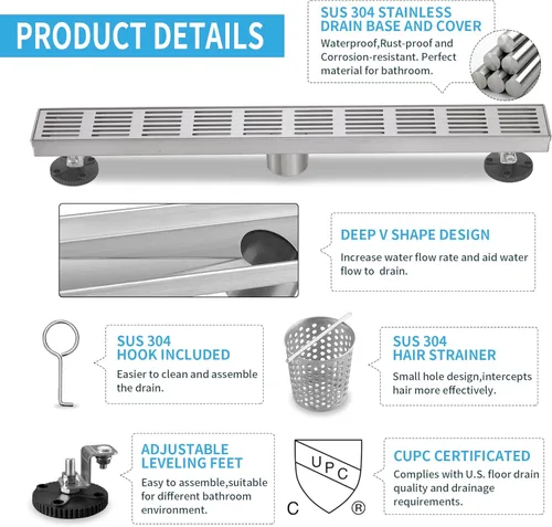 Vista 3 de Drenaje lineal de ducha de 24 pulgadas, drenaje de ducha profesional de acero inoxidable cepillado SUS-304, drenaje lineal de piso de drenaje rápido