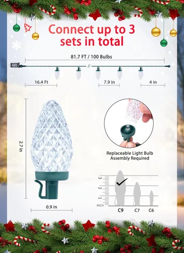 Vista 6 de Luces LED C9 de Navidad para exteriores, 81 pies, 100 luces LED con temporizador y 8 modos de iluminación, impermeable, grado comercial, extensible