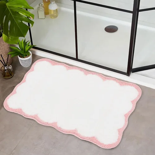 Bonitos tapetes de baño festoneados, antideslizantes, lavables a máquina, suaves, para ducha, bañera, cocina, 24 x 17 pulgadas, color rosa Rosado