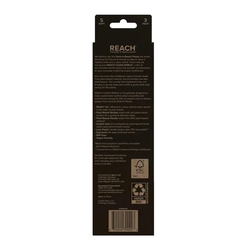 Vista 6 de Reach Clean World Cepillo de dientes a base de plantas, cerdas suaves, apto para veganos, embalaje reciclable, 3