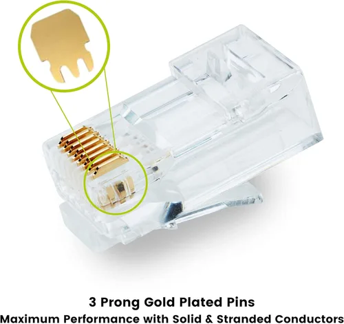 Vista 2 de trueCABLE Cat5e RJ45 conectores de paso a través de enchufe modular sin blindaje (UTP), certificación UL, extremo de crimpado EZ, chapado en oro, 3
