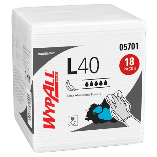 Wypall PowerClean L40 Paños Toallitas Extra Absorbentes (05701), Cuarto Plegado, Limpiadores de Papel a Granel, Blanco (18 Paquetes de 56 Hojas,