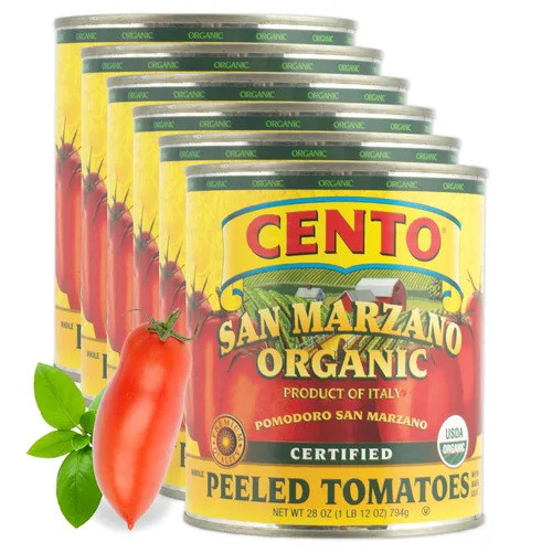 Cento Tomates enteros orgánicos certificados San Marzano pelados de 28 onzas (paquete de 6), tomates ciruela enlatados en puré grueso con albahaca,