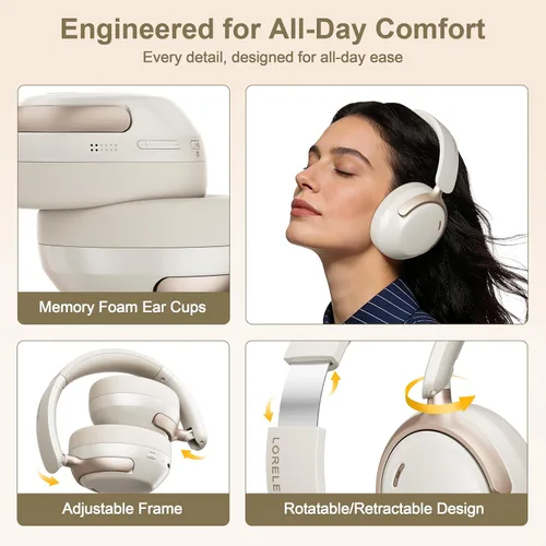 Vista 4 de LORELEI QC30 Auriculares híbridos con cancelación activa de ruido, Bluetooth inalámbrico sobre la oreja, piel proteica beige, control activo