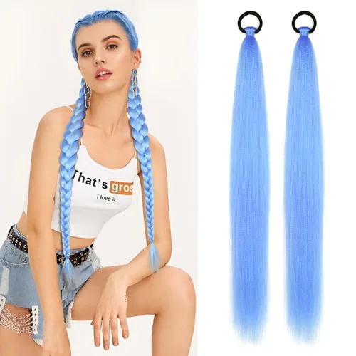 Vista 39 de Paquete de 2 extensiones de cola de caballo trenzada con lazo elástico, lacio, elegante envolvente, extensiones de cola de caballo de 26 pulgadas
