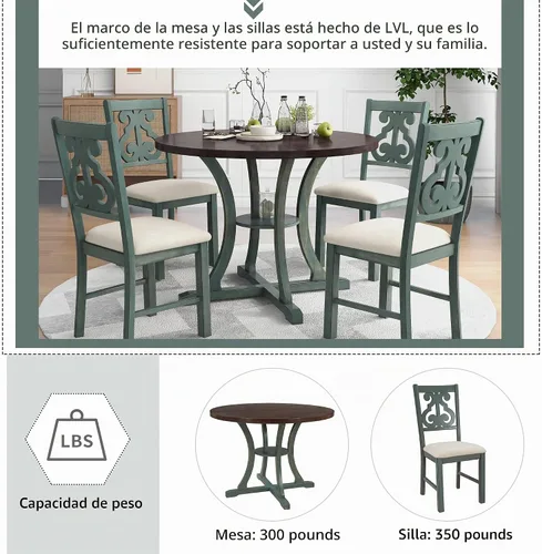Vista 5 de P PURLOVE Juego de mesa de cocina de 5 piezas, mesa de comedor redonda con estante de almacenamiento y silla para 4 personas, juego de mesa y silla