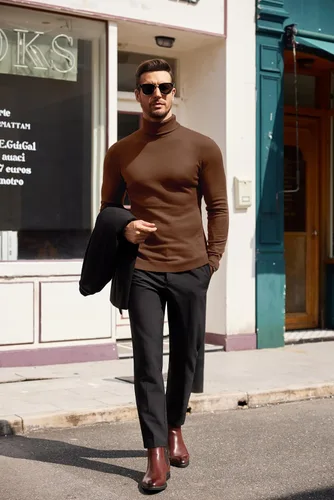 Vista 8 de COOFANDY Suéter de cuello alto ajustado para hombre, casual, básico, de manga larga, suéter de punto