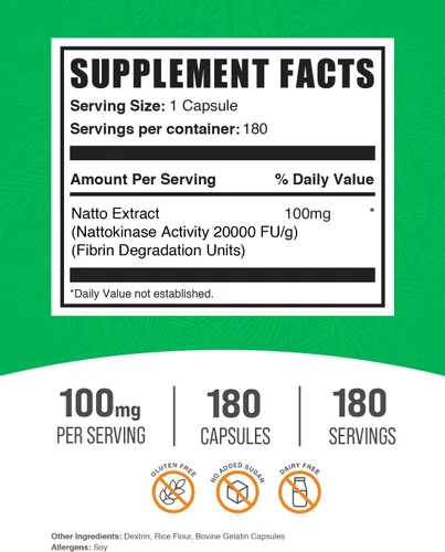 Vista 2 de BulkSupplements. Com Nattokinase 2000 FU Cápsulas - Procedente de extracto de natto, suplemento de nattoquinasa, Nattokinase 100mg - Sin gluten, 1