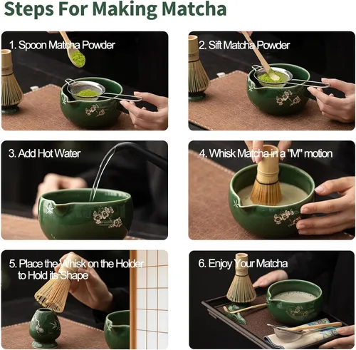 Vista 7 de Juego de batidores de matcha, juego de cerámica matcha incluye cuenco matcha, batidor y soporte de matcha, cuchara y cuchara de bambú, soporte