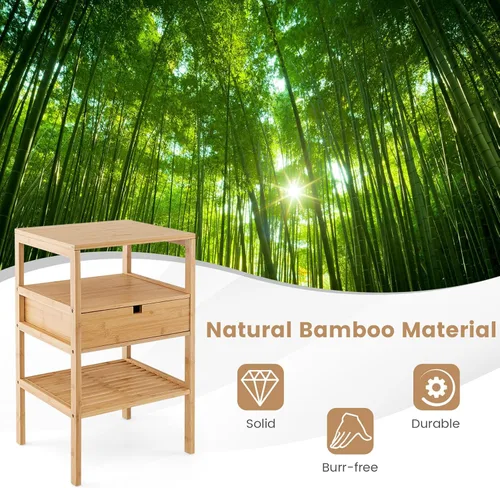 Vista 7 de LOKO Mesita de noche de bambú, mesitas de noche de madera con cajón extraíble y estante de almacenamiento, mesas auxiliares de estilo simple