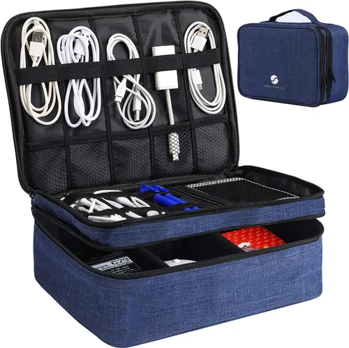 Vista 7 de Organizador de electrónica para viajes, bolsa organizadora de cables impermeable de doble capa, bolsa de almacenamiento de cables grande y a prueba