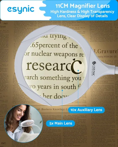 Vista 2 de eSynic Lupa iluminada con soporte, recargable USB-C, aumento de 5X y 10X, lente grande de 4.3 pulgadas, lámpara de lupa de escritorio con abrazadera