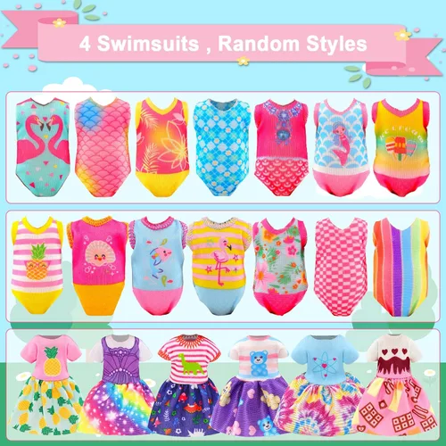 Vista 2 de Mini ropa y accesorios para muñecas de 5.3 pulgadas, 6 trajes de baño de playa, 3 vestidos con 2 anillos de natación, 2 bebidas, 2 sombreros, 2