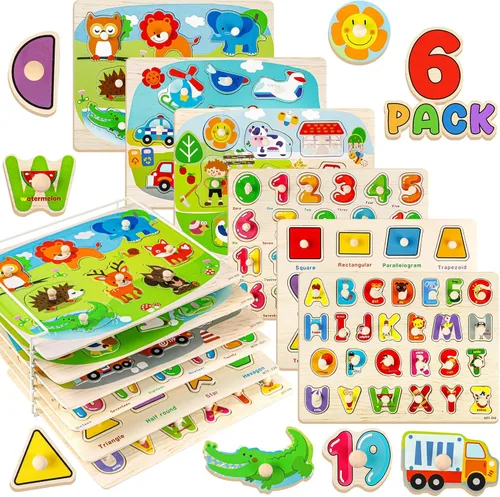 Vista 10 de Attmu Rompecabezas de madera para niños pequeños, rompecabezas del alfabeto y números, 2 en 1 juguetes educativos de aprendizaje preescolar