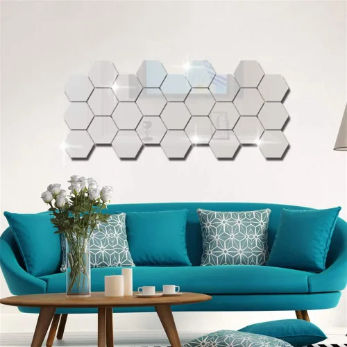 Vista 2 de 15 piezas de acrílico extraíble espejo hexagonal adhesivo de pared espejo de panal para el hogar, sala de estar, dormitorio decoración