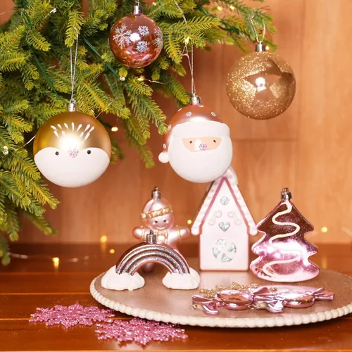 Vista 6 de Alupssuc Juego de 65 adornos de bolas de Navidad, bolas de plástico inastillables casa de jengibre dorada y estrella para la copa del árbol