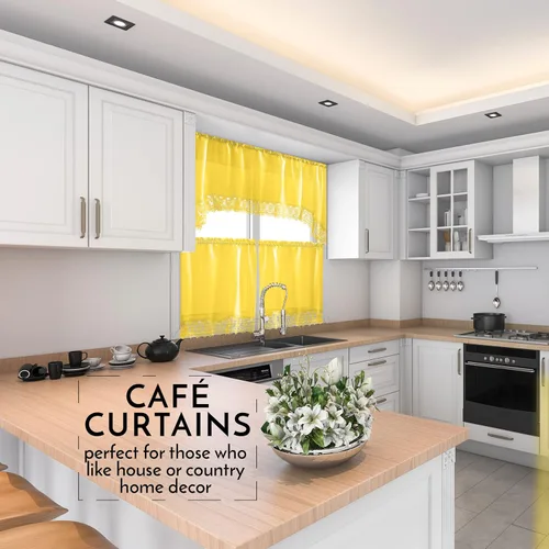 Vista 2 de American Linen Cortinas de café para cocina, cortinas de baño con cenefa, borde de encaje bordado. (amarillo)