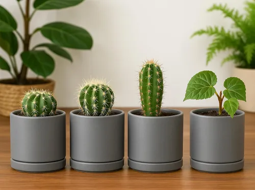 Vista 3 de D'vine Dev Juego de 4 macetas pequeñas de cerámica para plantas, maceta de 3.5 pulgadas para suculentas con orificio de drenaje y platillo, gris